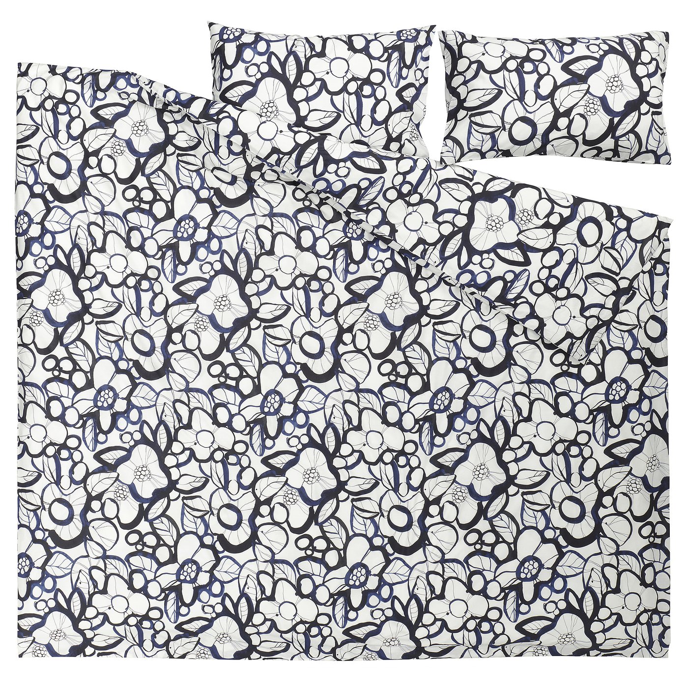 Black and white floral duvet and pillowcase set, made from recycled cotton and lyocell.