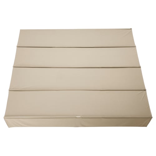 Folded beige pergola canopy cover by HAMMARÖN, rectangular, made of polyester.