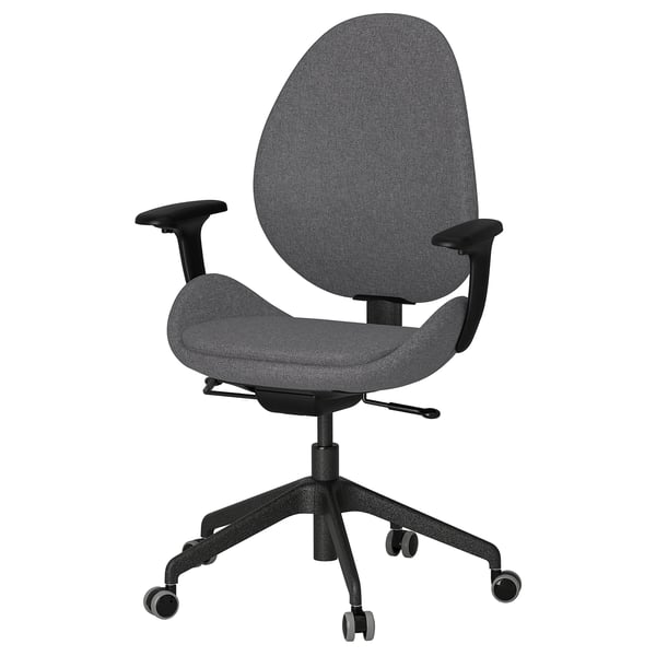 HATTEFJÄLL: gray ergonomic office chair, adjustable, tilt & lumbar support, wheels.