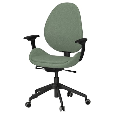 Modern office chair: HATTEFJÄLL, pale green, fabric seat, adjustable, ergonomic armrests, five casters.