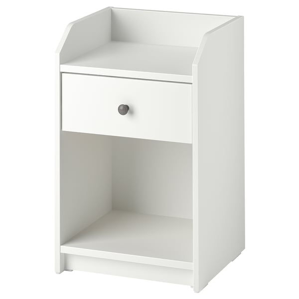 A white HAUGA bedside table with a single drawer and open shelves, suitable for a modern bedroom setup.