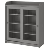 HAUGA grey cabinet, glass doors, sliding design, wall-mountable, rectangular shape, modern style.