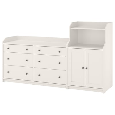 White HAUGA storage set: wide dresser, open shelves, 6 drawers, modern design.