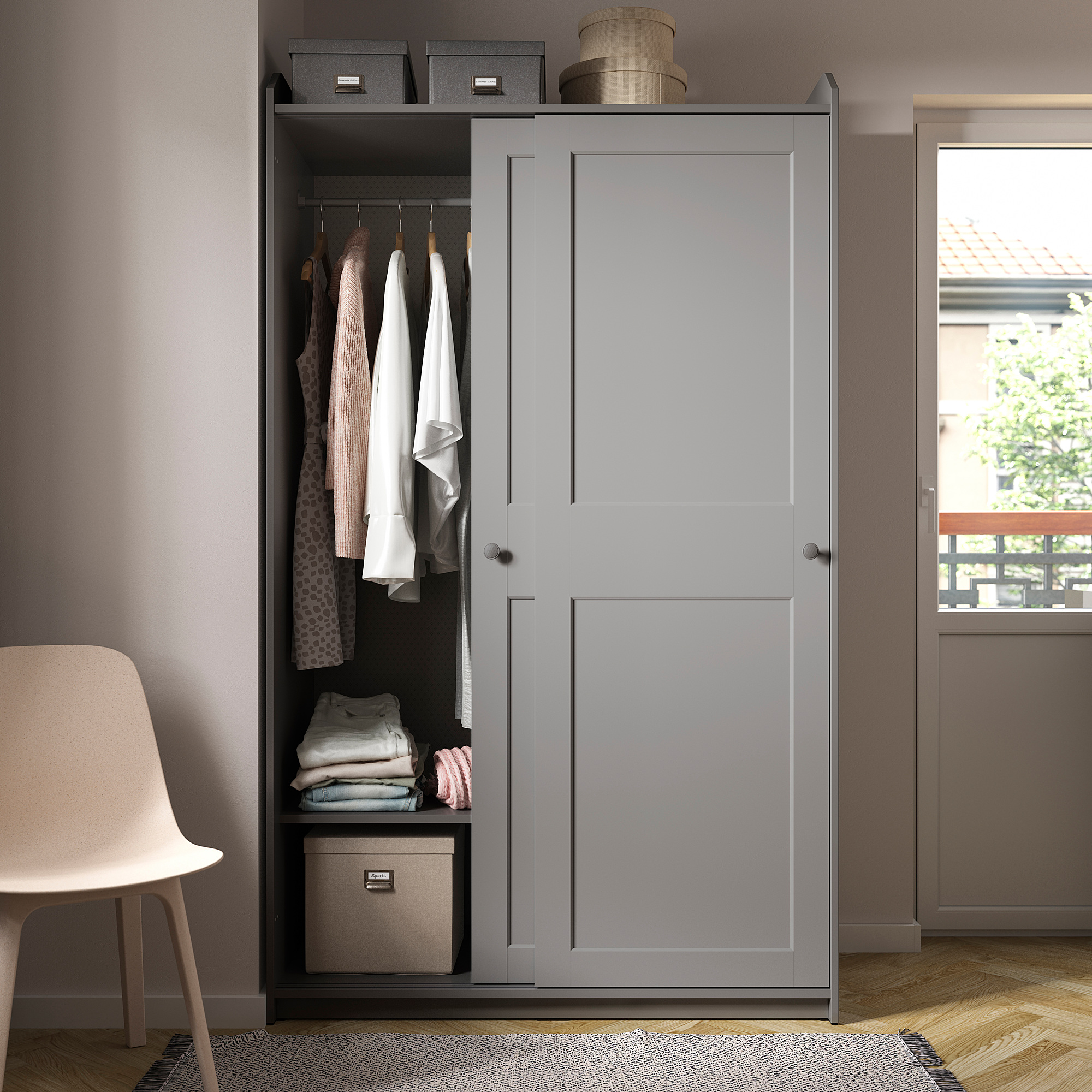 HAUGA Wardrobe with sliding doors, grey, 118x55x199 cm IKEA Ireland