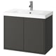 Dark grey wall-mounted bathroom cabinet with white sink and chrome tap, modern and minimalist design.