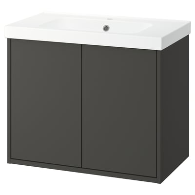 Dark grey wall-mounted bathroom cabinet with white sink.