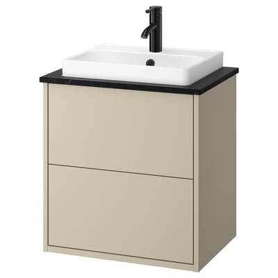 HAVBÄCK beige wall-mounted bathroom cabinet with square ceramic sink and black faucet.