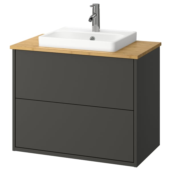 HAVBÄCK grey wash-stand with light wood counter, rectangular sink, modern design.