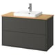 A HAVBÄCK gray bathroom vanity with a light wood countertop and sink. It has two drawers and a modern look.