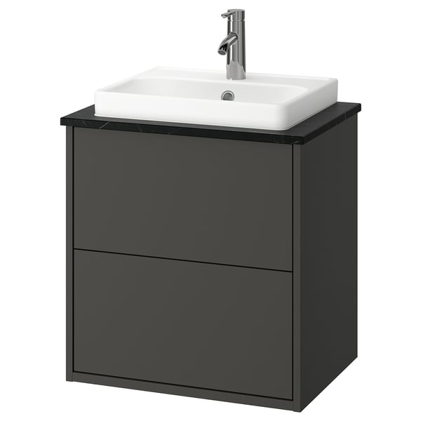 HAVBÄCK black bathroom cabinet with white ceramic basin, modern design.