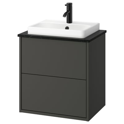HAVBÄCK vanity: modern dark grey, wall-mounted, rectangular with square white sink, sleek handles.