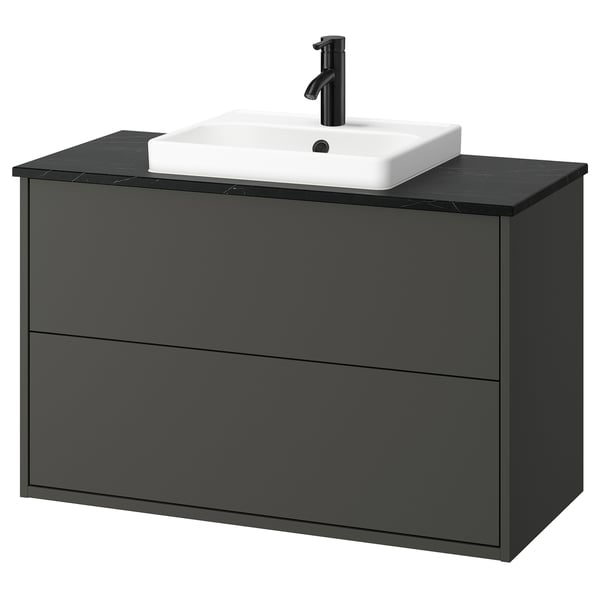 Elegant bathroom setup: HAVBÄCK dark grey vanity with sleek, rectangular sink and modern design.