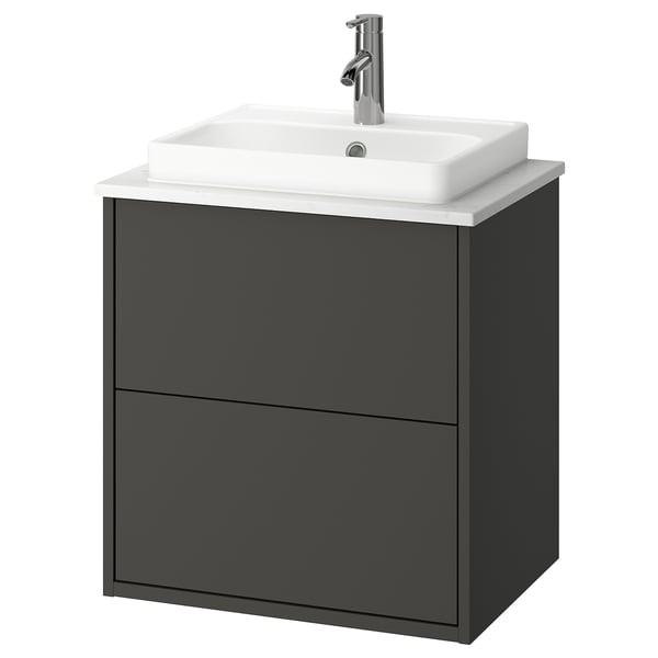 A dark grey HAVBÄCK wall-mounted bathroom vanity with a white rectangular countertop and sink, simple modern design.