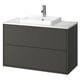 Modern grey bathroom vanity with two drawers, white sink, chrome faucet, sleek design.