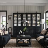 Living room with black HAVSTA bookcases, dark blue sofa, patterned rug, and striped wallpaper.