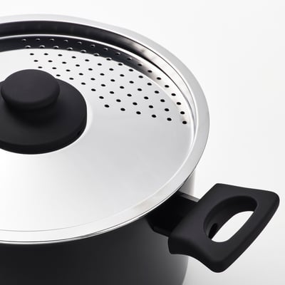 Non-stick, lightweight pots with silver lid & handles, ideal for cooking.