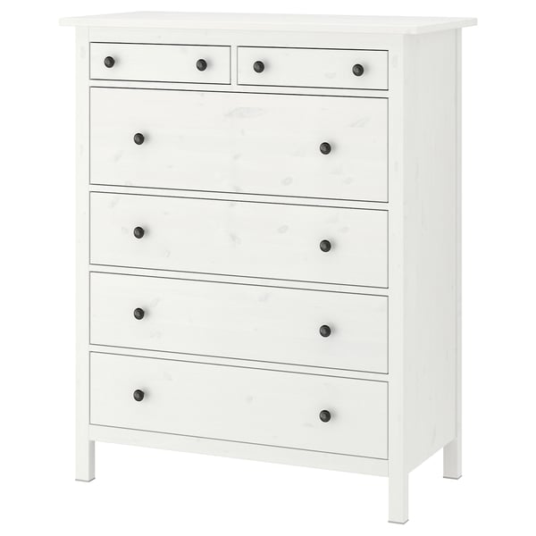 White HEMNES chest with 6 drawers and wooden knobs. Solid wood, classic rectangular shape.