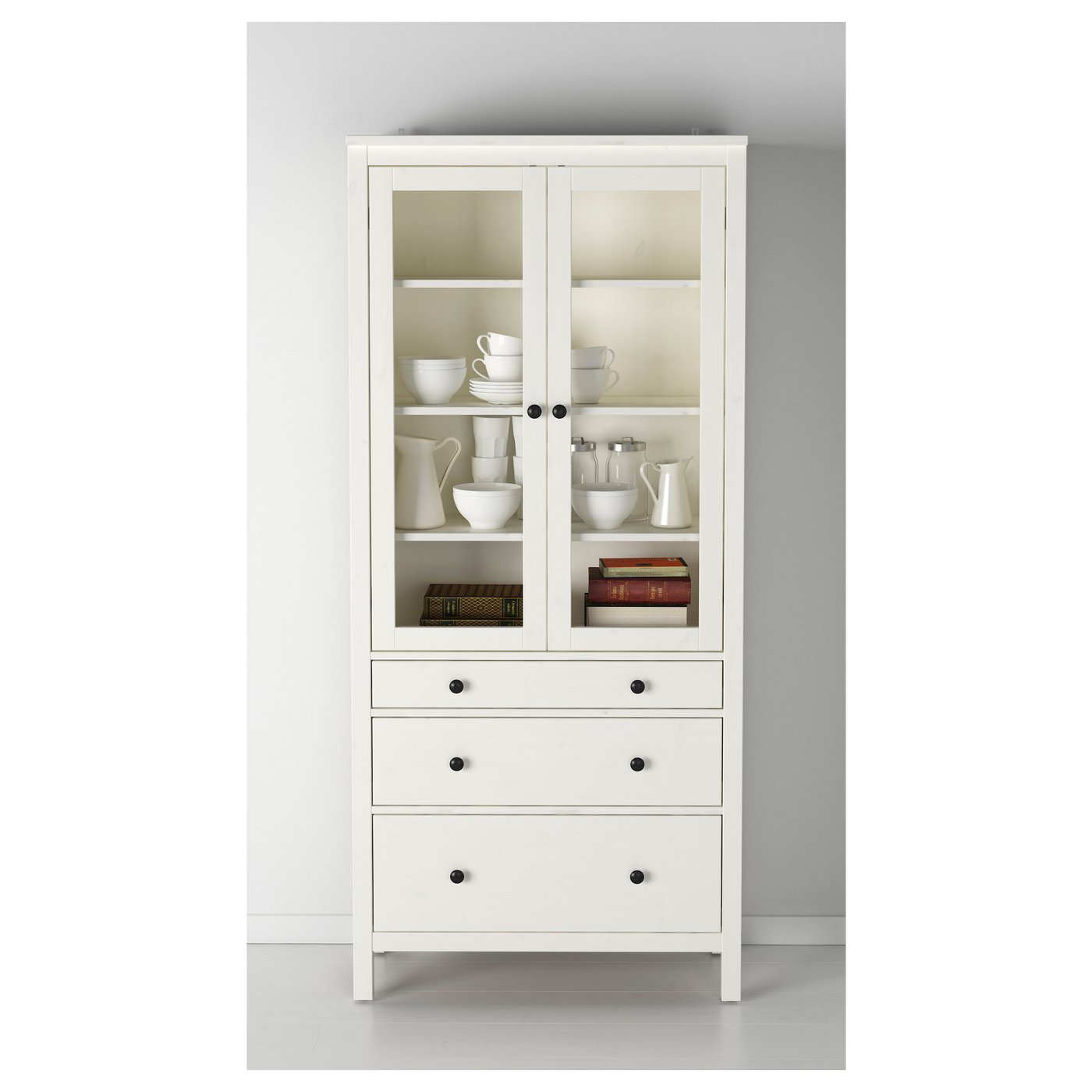 HEMNES Glass-door cabinet with 3 drawers, white stain, 90x197 cm - IKEA Ireland