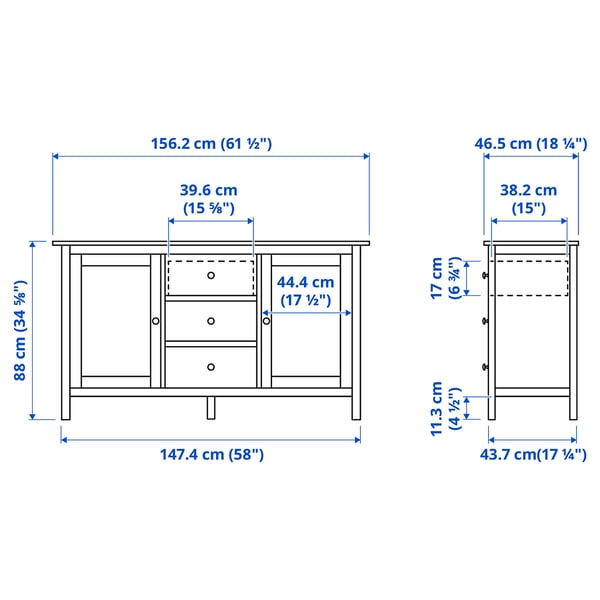 Illustration with measurements for the product: HEMNES.