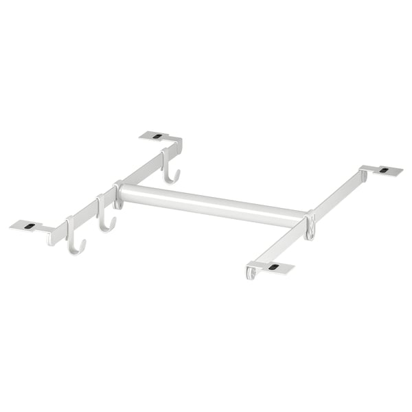 The HJÄLPA adjustable clothes rail in white, made of steel and plastic, with multiple hooks for hanging items, designed for wall or door mounting.