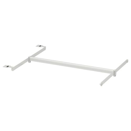 A white, adjustable clothes rail hanger from ikea. Made of steel with plastic connections, it has a practical, simple design for easy mounting.