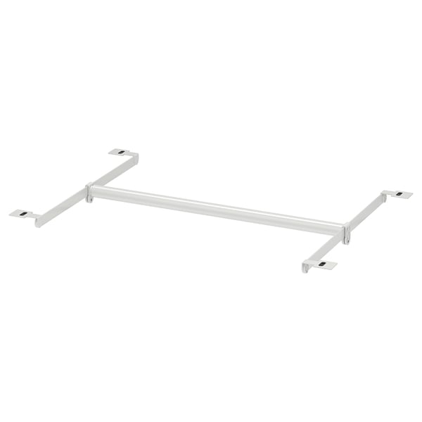 This image a white HJÄLPA adjustable clothes rail, made of steel with powder coating, forming a u-shape for organizing and hanging clothes.