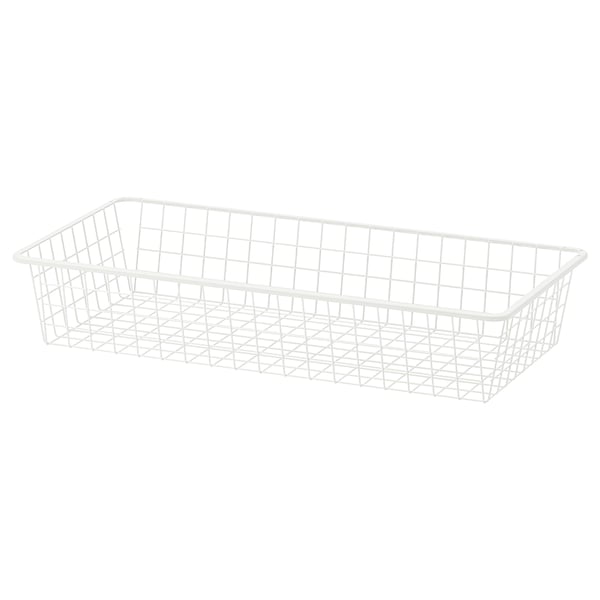 A white wire mesh storage basket, rectangular and open-topped, ideal for organizing items and allowing air circulation.