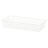 A white wire mesh storage basket, rectangular and open-topped, ideal for organizing items and allowing air circulation.