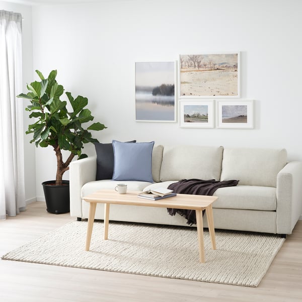 Living room with sofa, coffee table, blue pillows, plant.