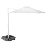 A white HÖGÖN hanging parasol with a gray base, designed for outdoor use. It provides uv protection with a sleek, minimalist design.