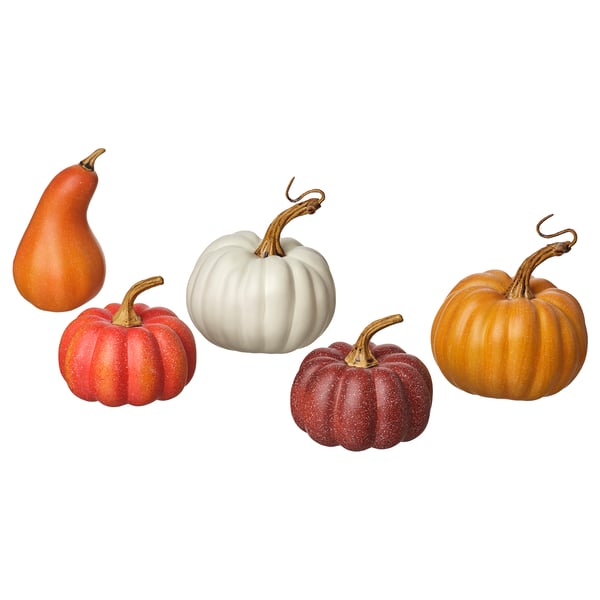 Five colorful pumpkins in red, orange, white, and maroon with twisted stems on a white background, decorative seasonal items.