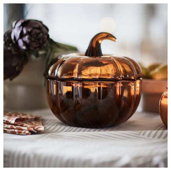 HÖSTAGILLE Decorative bowl with lid, yellow-brown, 19 cm