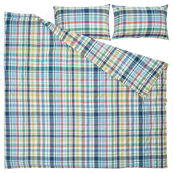 Brightly colored plaid bedding set with a rainbow check pattern, made of soft cotton and viscose blend. Includes a comforter and two pillows.