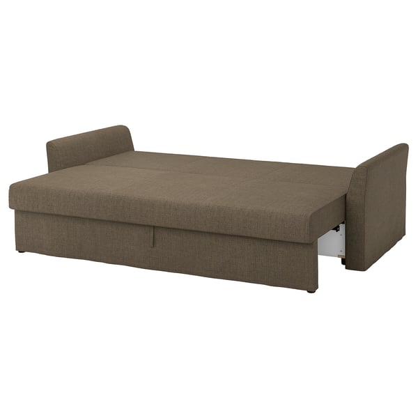 HOLMSUND sofa in brown fabric, sleek modern design, converts to bed with storage.