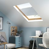 Bright home office under large skylight. Desk, chair, plants. Blue walls, gray furniture. HORNVALLMO blind blocks light.