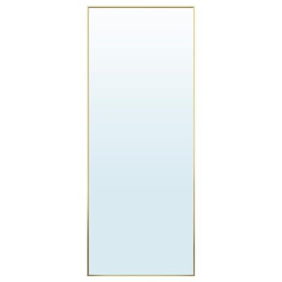 Golden-framed rectangular mirror, hangs vertically or horizontally.