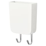 A white HUNDKOJA magnetic organizer with hooks used for holding small items and tools. It has a rectangular design with two metal hooks.