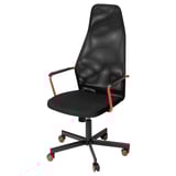 Black office chair with red accents, high back, armrests, and five casters. Adjustable height and lumbar support for comfort.