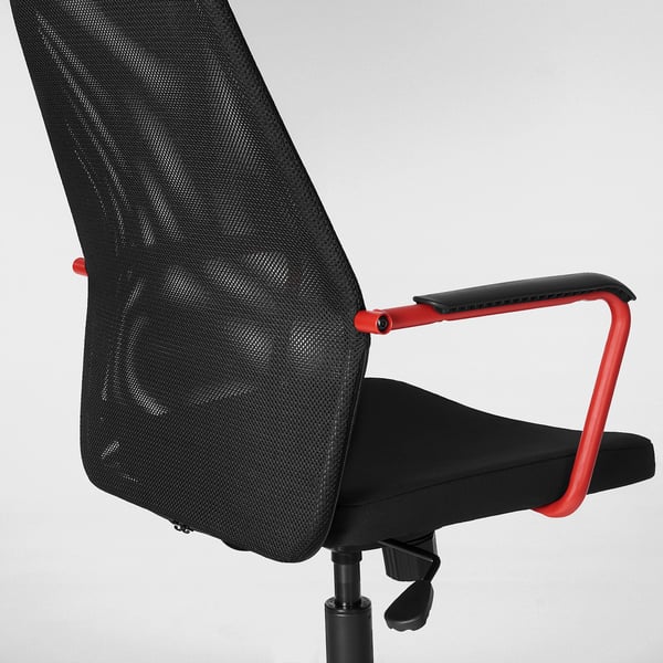 Black mesh office chair with red armrests, lumbar support, and height adjustment.