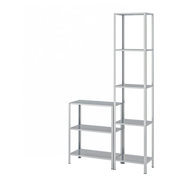 Silver HYLLIS shelving unit, 6 adjustable shelves, galvanized steel, plastic feet, l-shaped design.