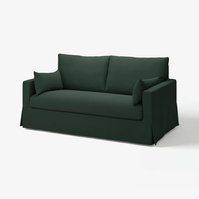 Dark green sofa with clean lines, plush cushions, and removable cover.
