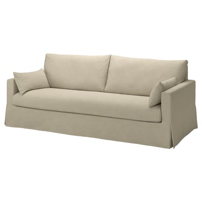 Beige HYLTARP sofa, three-seater, clean-lined look, soft, textured fabric, classic design.
