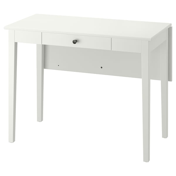 An IDANÄS white, rectangular desk with a fold-out leaf, one drawer, and four legs, perfect for versatile use.