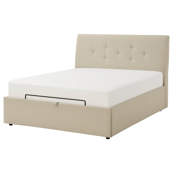 IDANÄS beige upholstered bed with tufted headboard and under-bed storage.