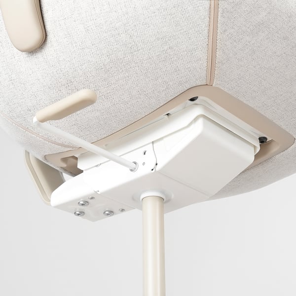 Under desk, white adjustable stand-up table with sturdy design and support. Modern office furniture setup.