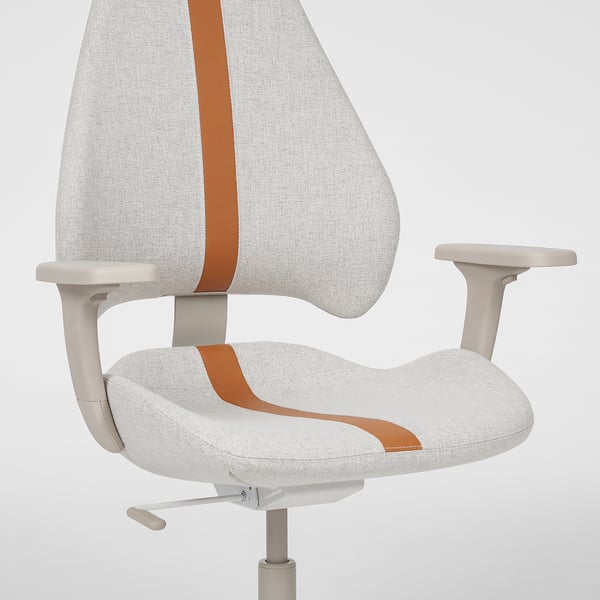 Ergonomic office chair with adjustable armrests, backrest, and lumbar support, light gray with orange trim, on wheels.