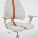 Ergonomic office chair with adjustable armrests, backrest, and lumbar support, light gray with orange trim, on wheels.