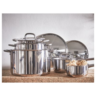 A set of stainless steel pots and pans from IKEA 365+, designed for even heat distribution and easy stacking.