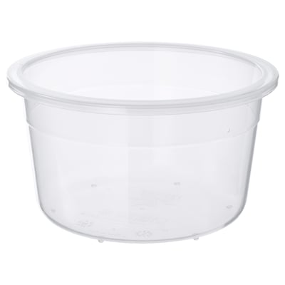 IKEA 365+ clear plastic round food container; stackable, durable, bpa-free.