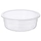 A clear, round IKEA 365+ food container made of durable plastic, designed for storing leftovers.
